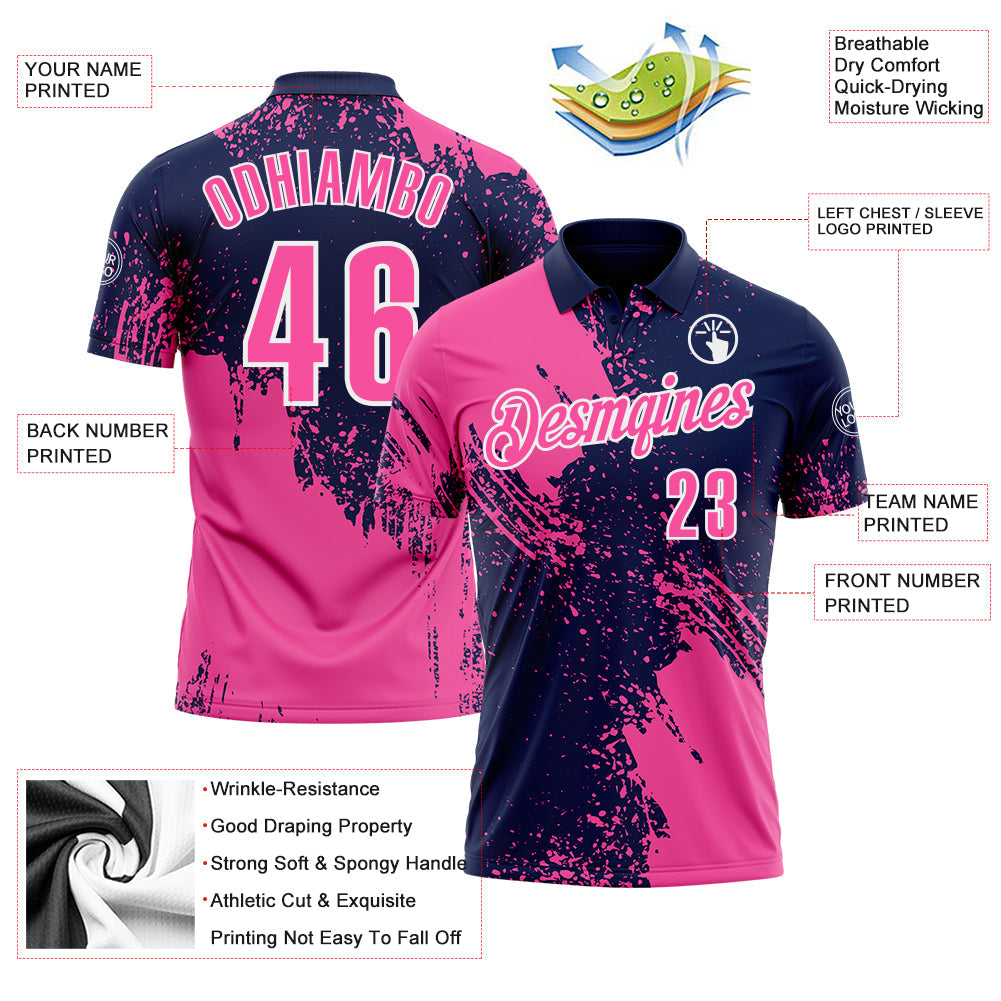 Custom Pink Navy-White 3D Pattern Design Abstract Brush Stroke Performance Polo Shirt