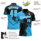 Custom Sky Blue Black-White 3D Pattern Design Abstract Brush Stroke Performance Polo Shirt