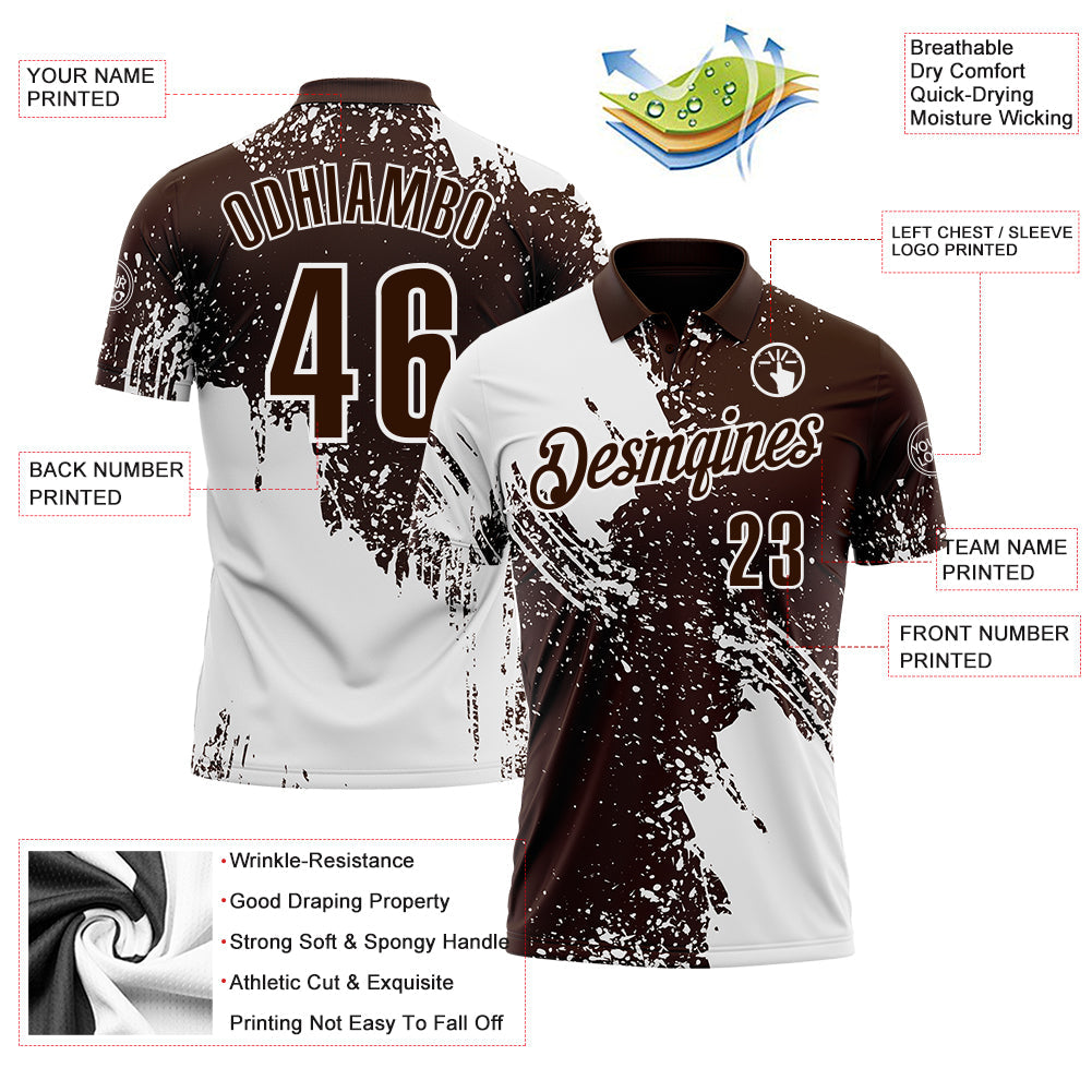 Custom White Brown 3D Pattern Design Abstract Brush Stroke Performance Polo Shirt