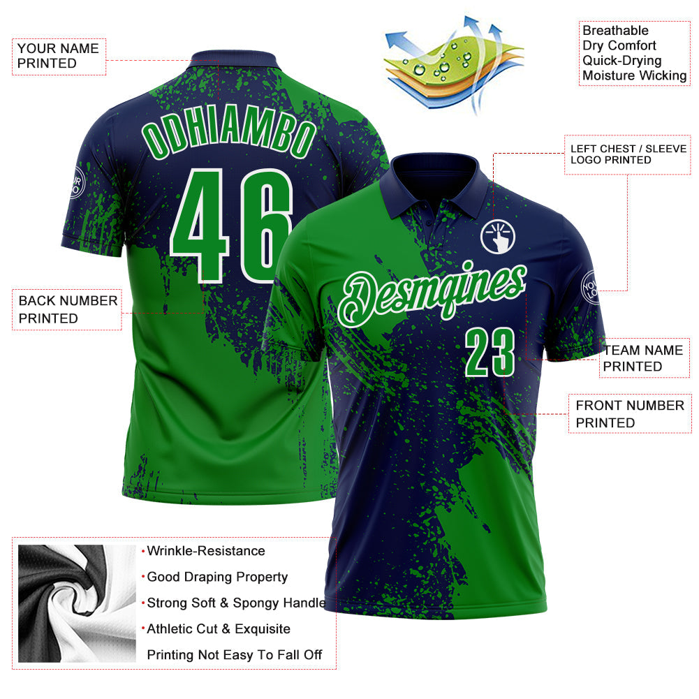 Custom Grass Green Navy-White 3D Pattern Design Abstract Brush Stroke Performance Polo Shirt