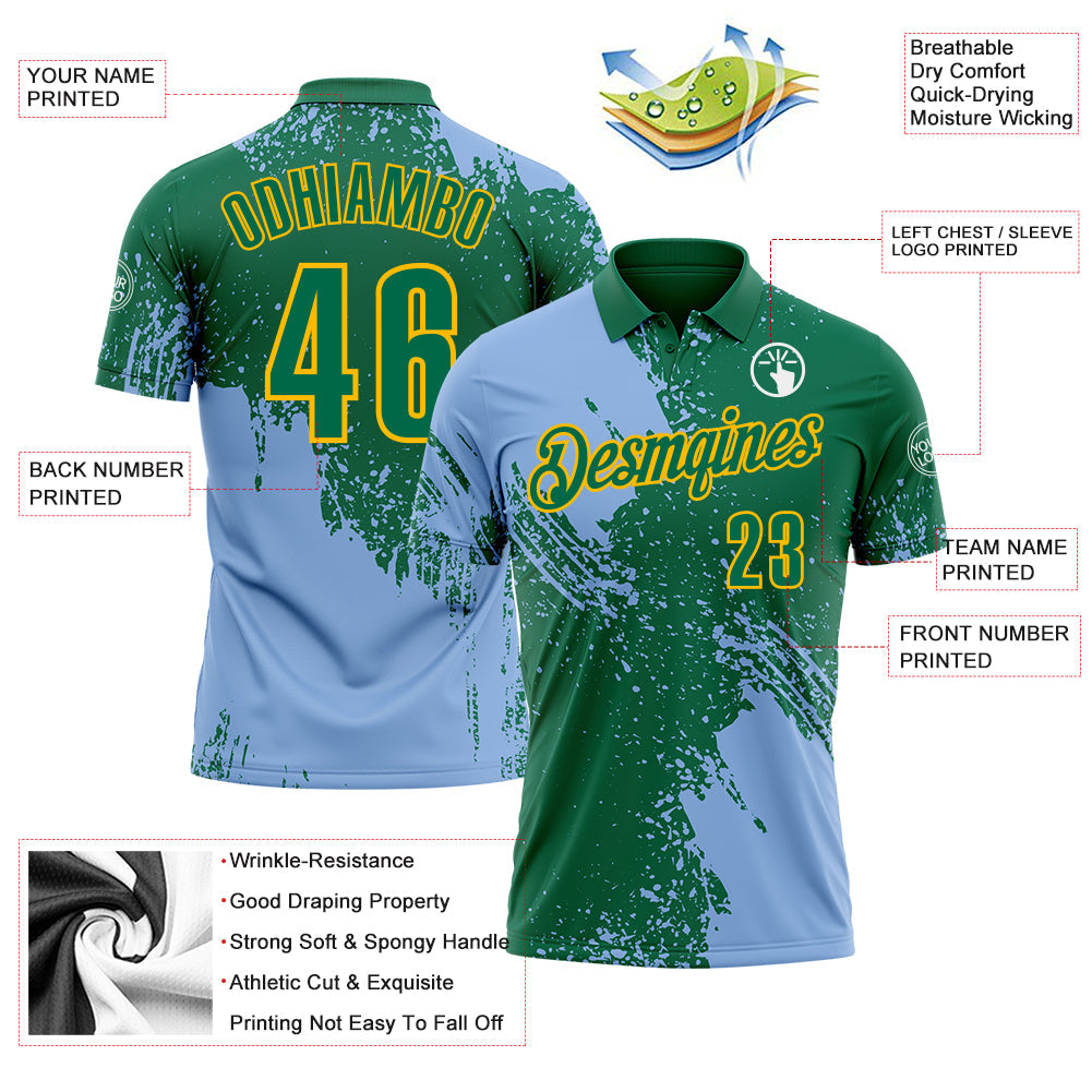 Custom Light Blue Kelly Green-Gold 3D Pattern Design Abstract Brush Stroke Performance Polo Shirt