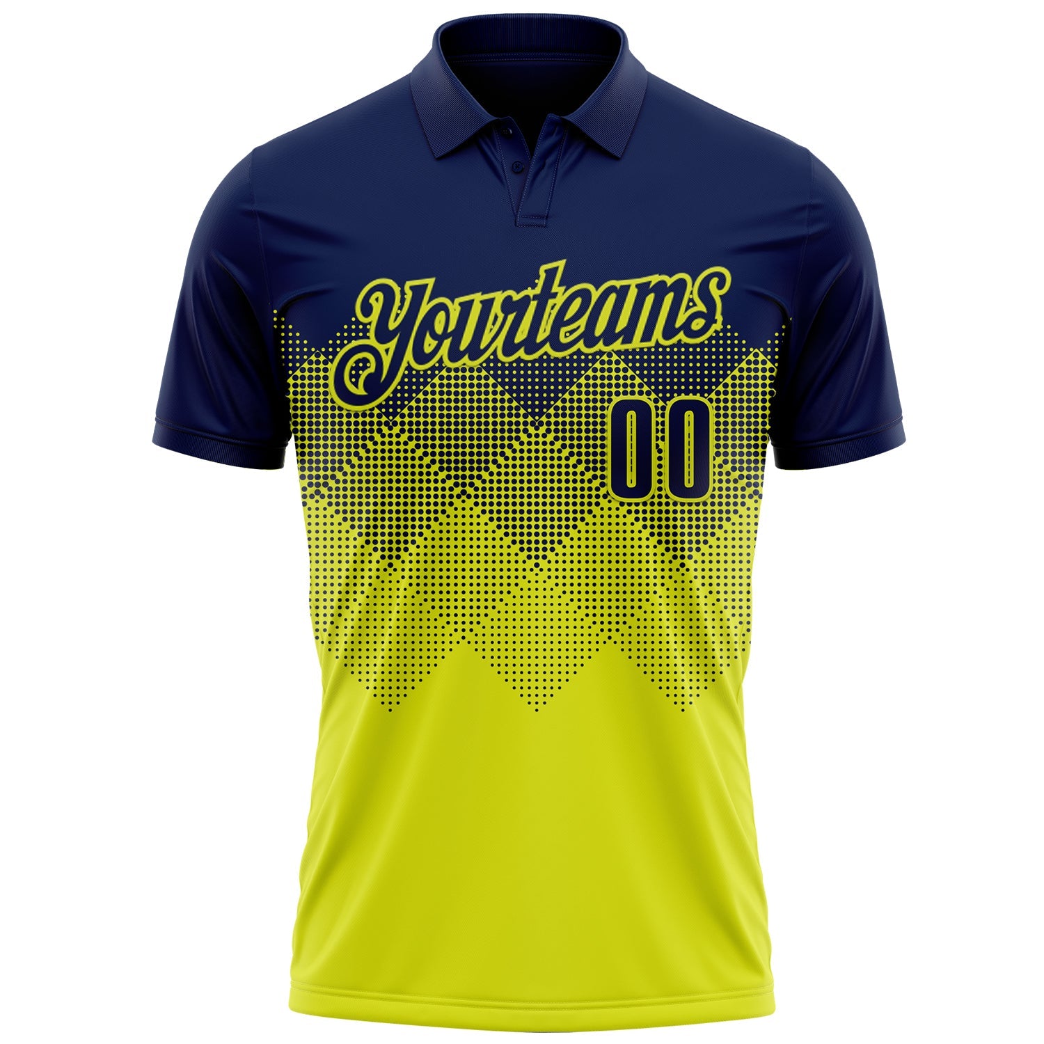 Custom Navy Neon Yellow 3D Gradient Square Shape Performance Polo Shirt