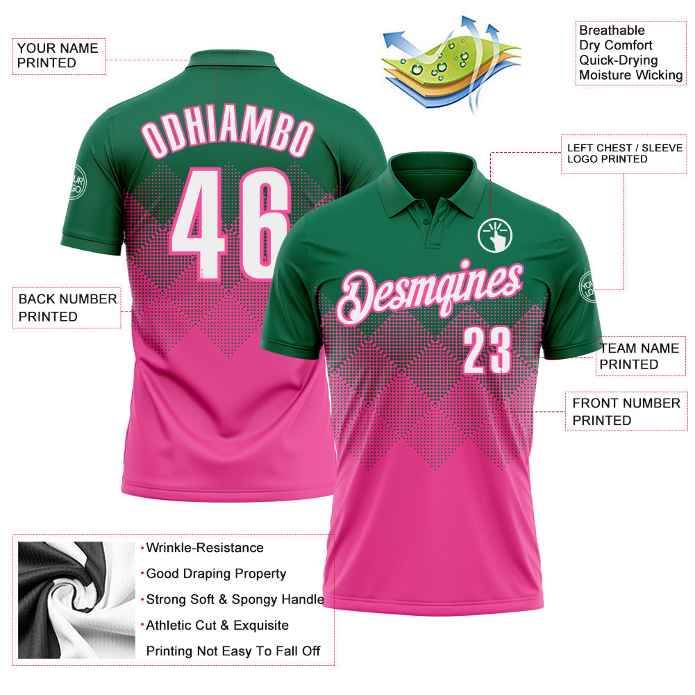 Custom Kelly Green White-Pink 3D Gradient Square Shape Performance Polo Shirt