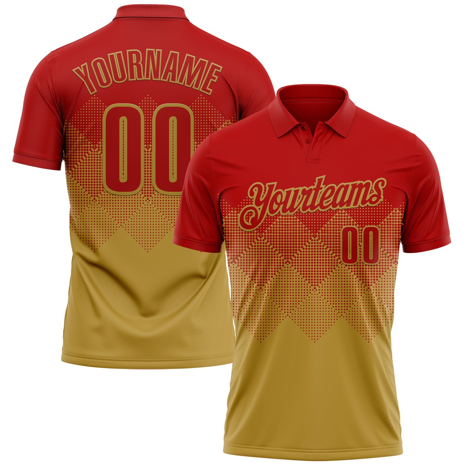 Custom Red Old Gold 3D Gradient Square Shape Performance Polo Shirt