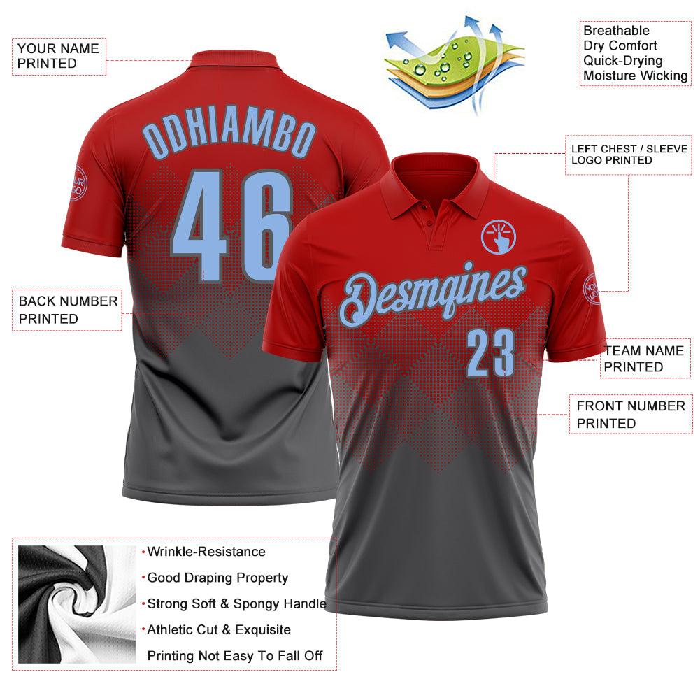 Custom Red Light Blue-Steel Gray 3D Gradient Square Shape Performance Polo Shirt