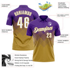Custom Purple White-Old Gold 3D Gradient Square Shape Performance Polo Shirt