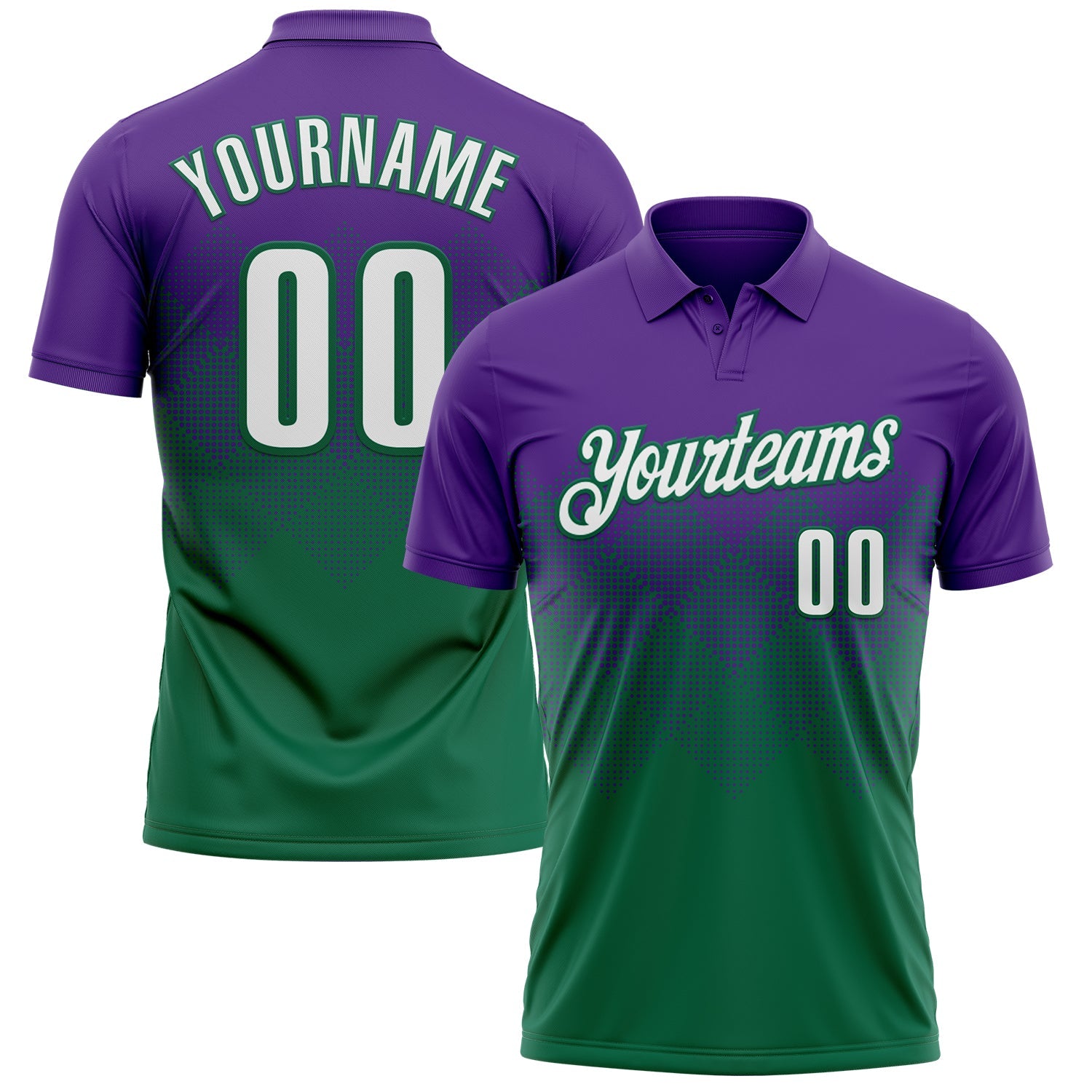 Custom Purple White-Kelly Green 3D Gradient Square Shape Performance Polo Shirt