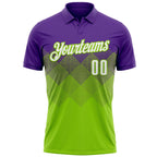 Custom Purple White-Neon Green 3D Gradient Square Shape Performance Polo Shirt