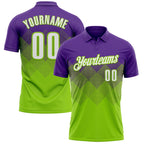 Custom Purple White-Neon Green 3D Gradient Square Shape Performance Polo Shirt