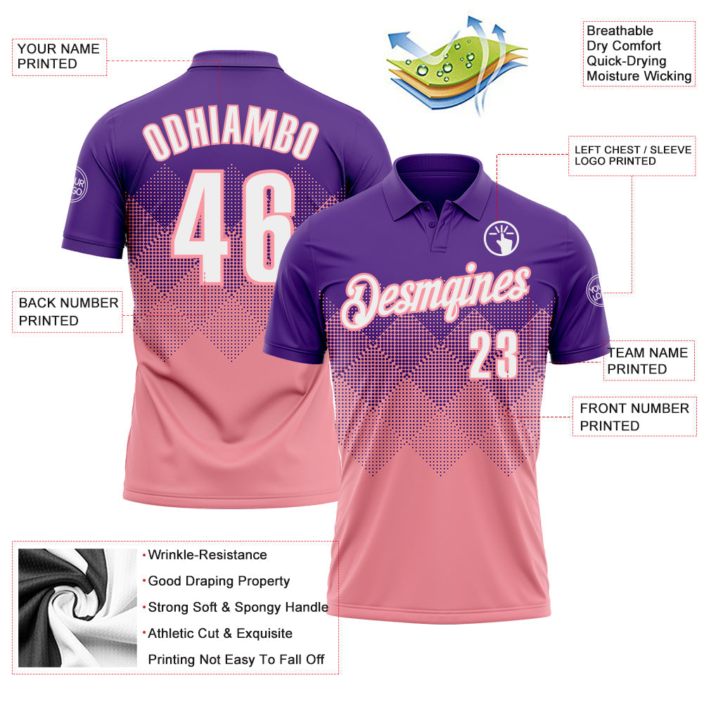 Custom Purple White-Medium Pink 3D Gradient Square Shape Performance Polo Shirt