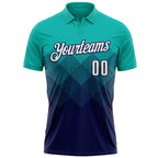 Custom Aqua White-Navy 3D Gradient Square Shape Performance Polo Shirt