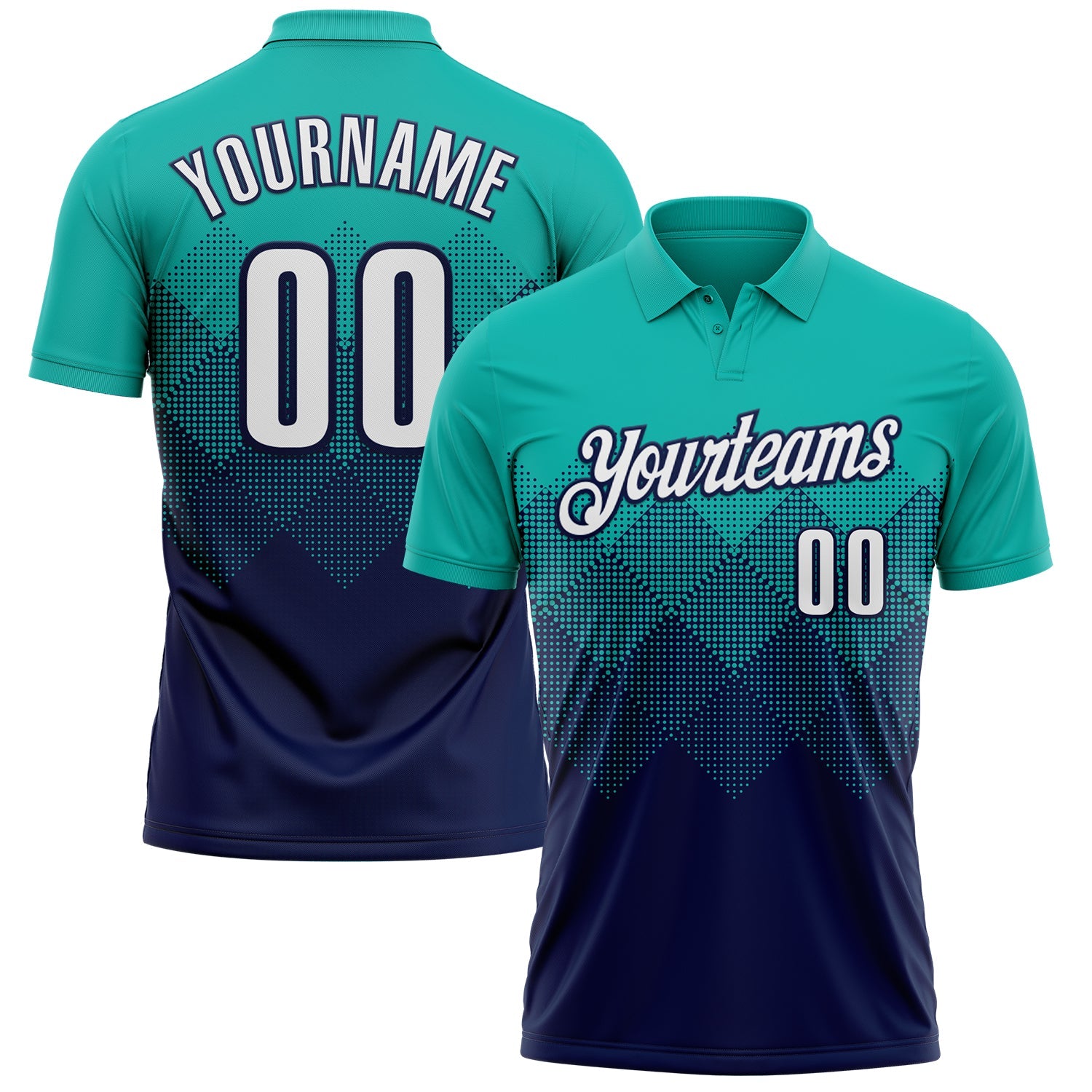 Custom Aqua White-Navy 3D Gradient Square Shape Performance Polo Shirt