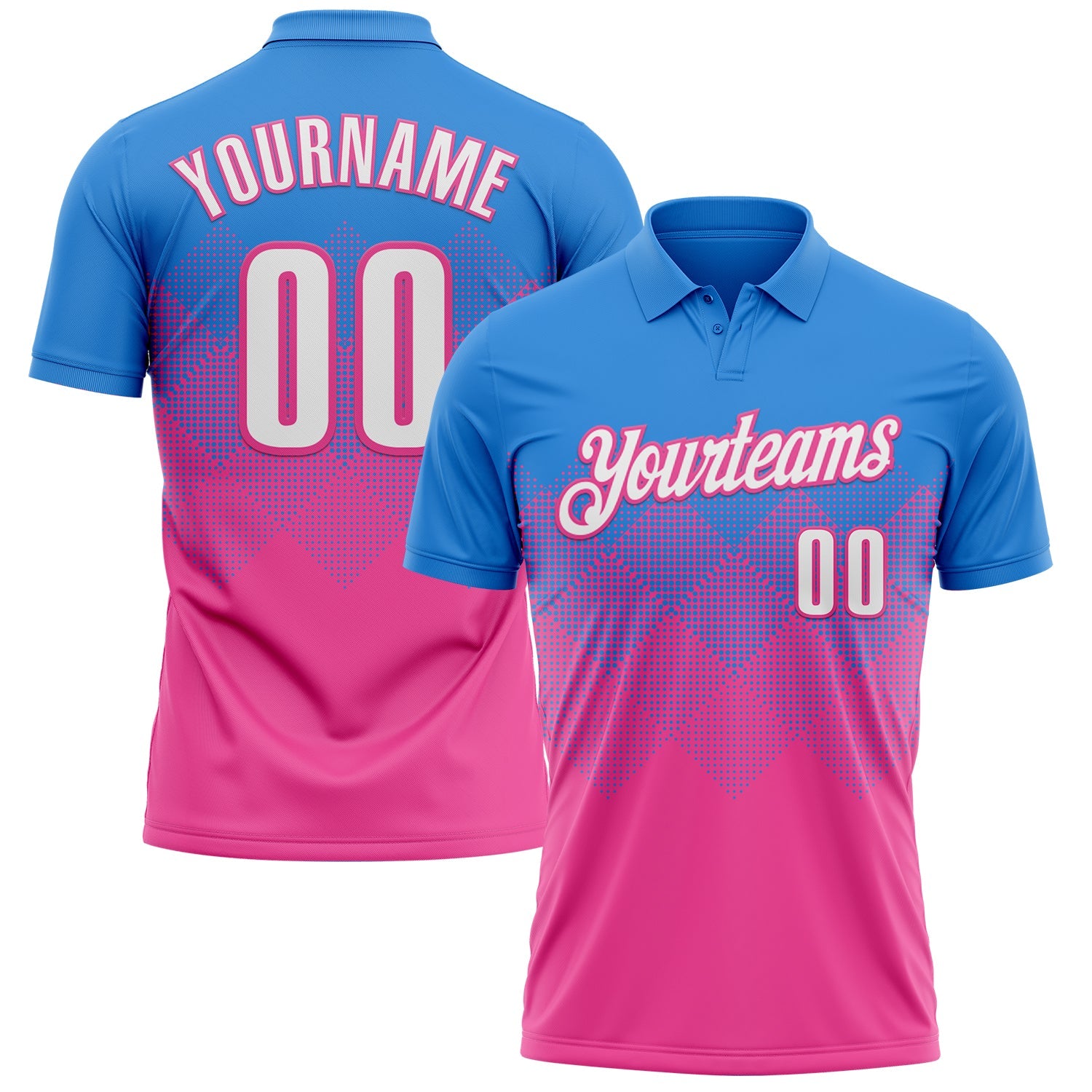 Custom Powder Blue White-Pink 3D Gradient Square Shape Performance Polo Shirt