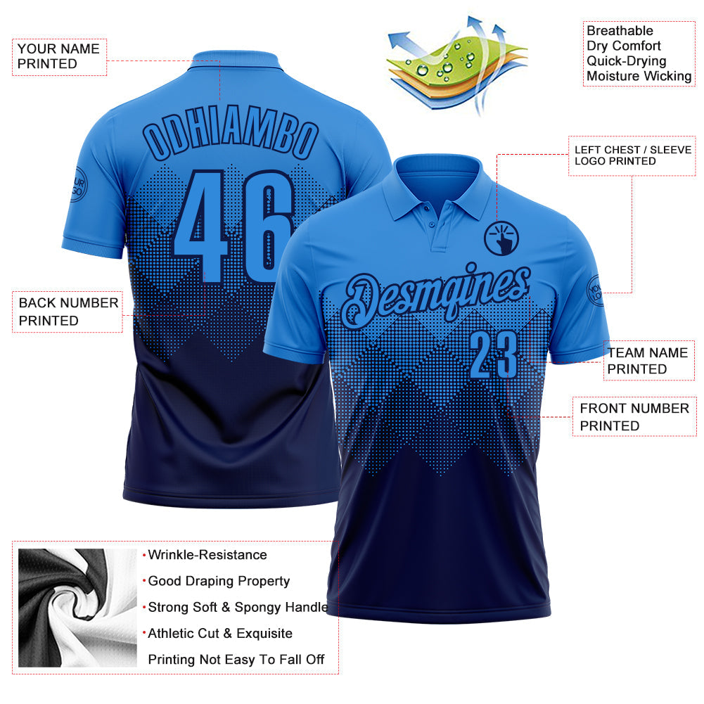 Custom Powder Blue Navy 3D Gradient Square Shape Performance Polo Shirt