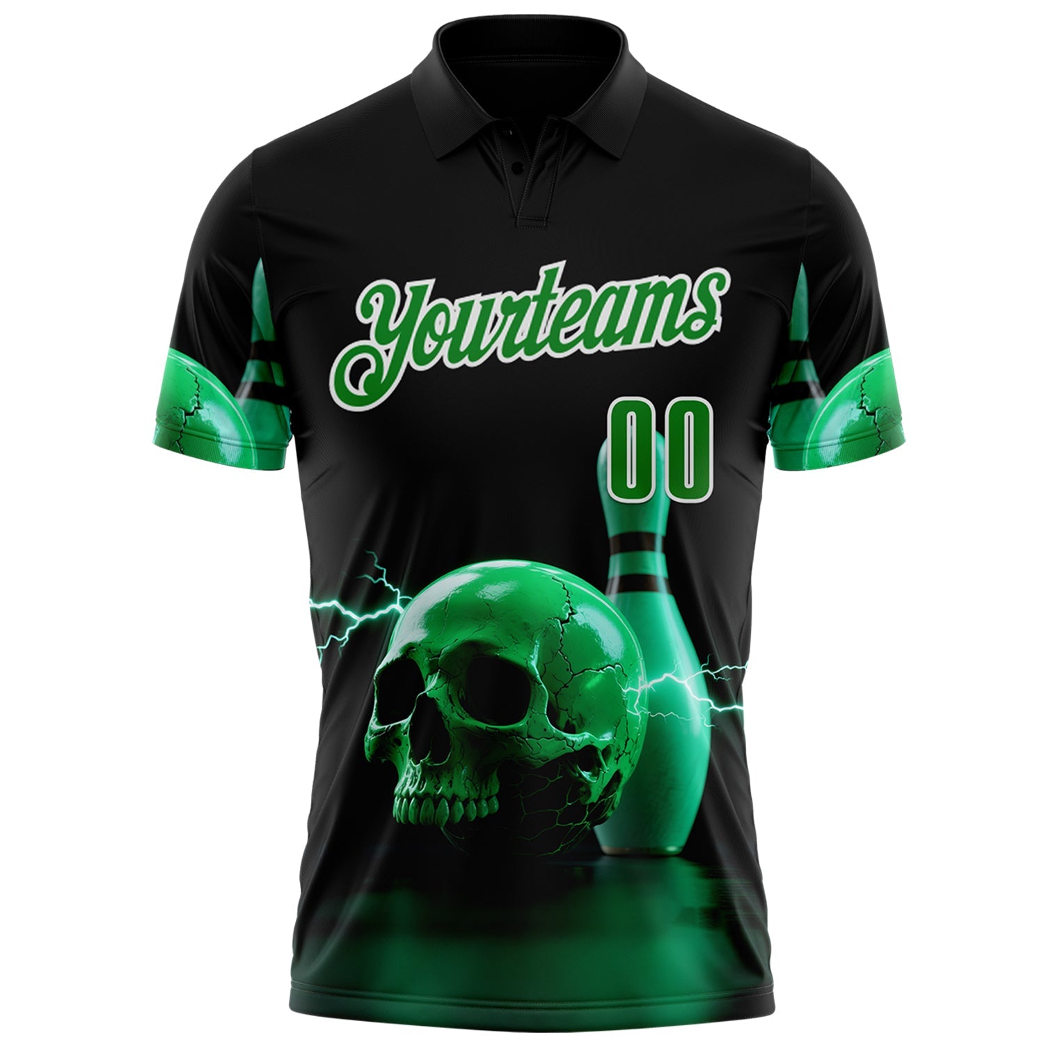 Custom Black Grass Green-White 3D Lightning Skull Bowling Performance Polo Shirt