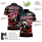 Custom Navy Crimson-White 3D American Flag Splash Flame Skull Bowling Performance Polo Shirt