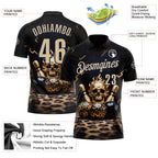 Custom Black Vegas Gold-Navy 3D Leopard Print Metal Skull Bowling Performance Polo Shirt