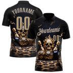 Custom Black Vegas Gold-Navy 3D Leopard Print Metal Skull Bowling Performance Polo Shirt