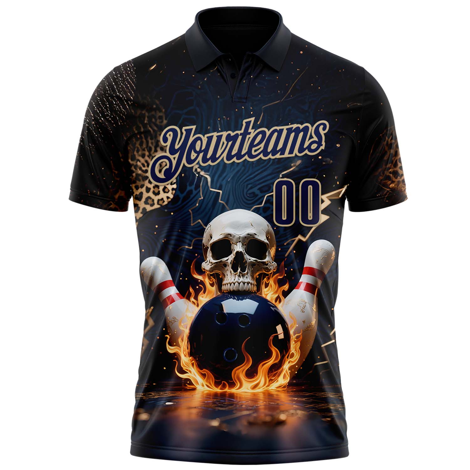 Custom Navy Vegas Gold 3D Flame Leopard Print Skull Bowling Performance Polo Shirt