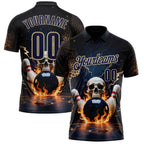 Custom Navy Vegas Gold 3D Flame Leopard Print Skull Bowling Performance Polo Shirt