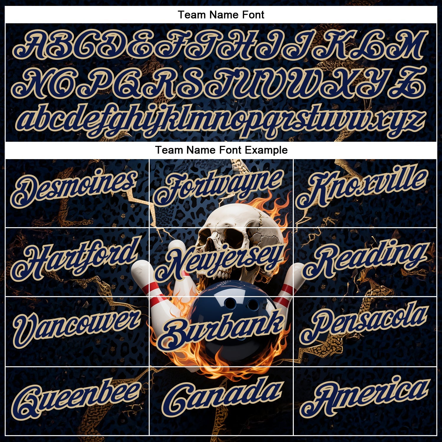 Custom Navy Vegas Gold 3D Flame Leopard Print Skull Bowling Performance Polo Shirt