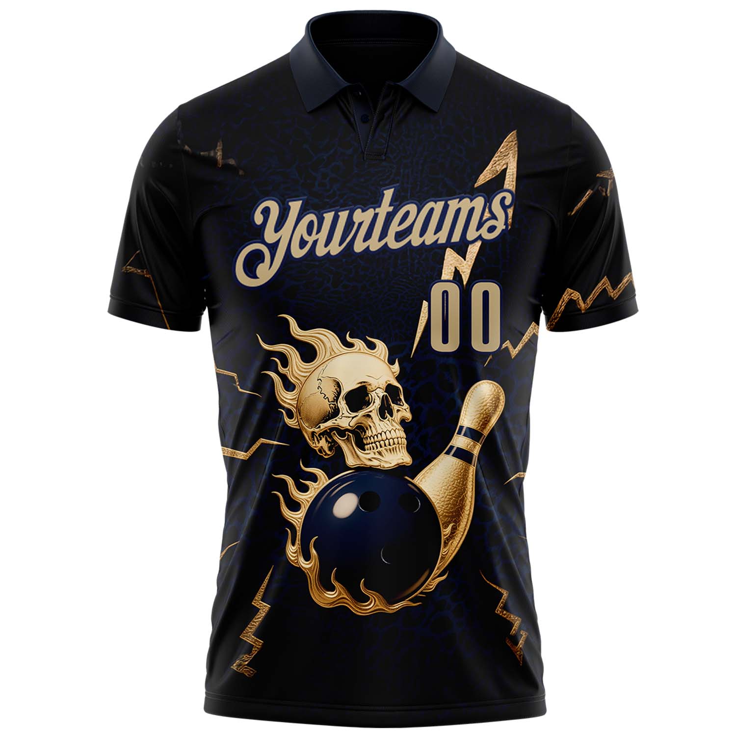 Custom Navy Vegas Gold 3D Metal Skull Bowling Performance Polo Shirt