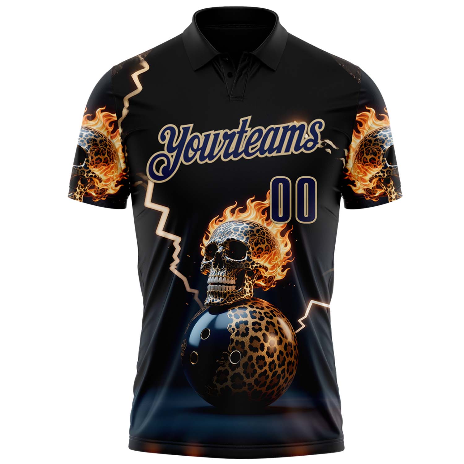 Custom Navy Vegas Gold 3D Flame Leopard Print Skull Bowling Performance Polo Shirt