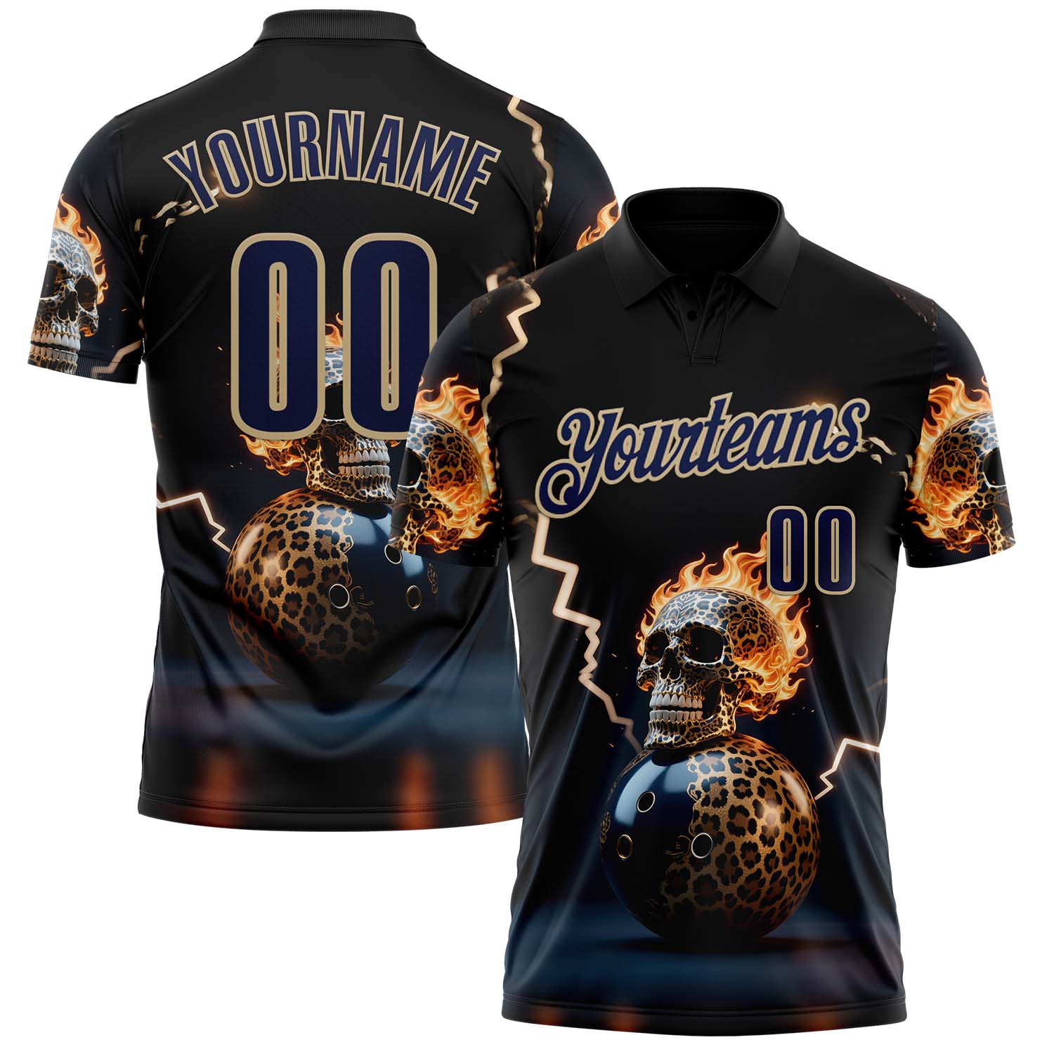 Custom Navy Vegas Gold 3D Flame Leopard Print Skull Bowling Performance Polo Shirt