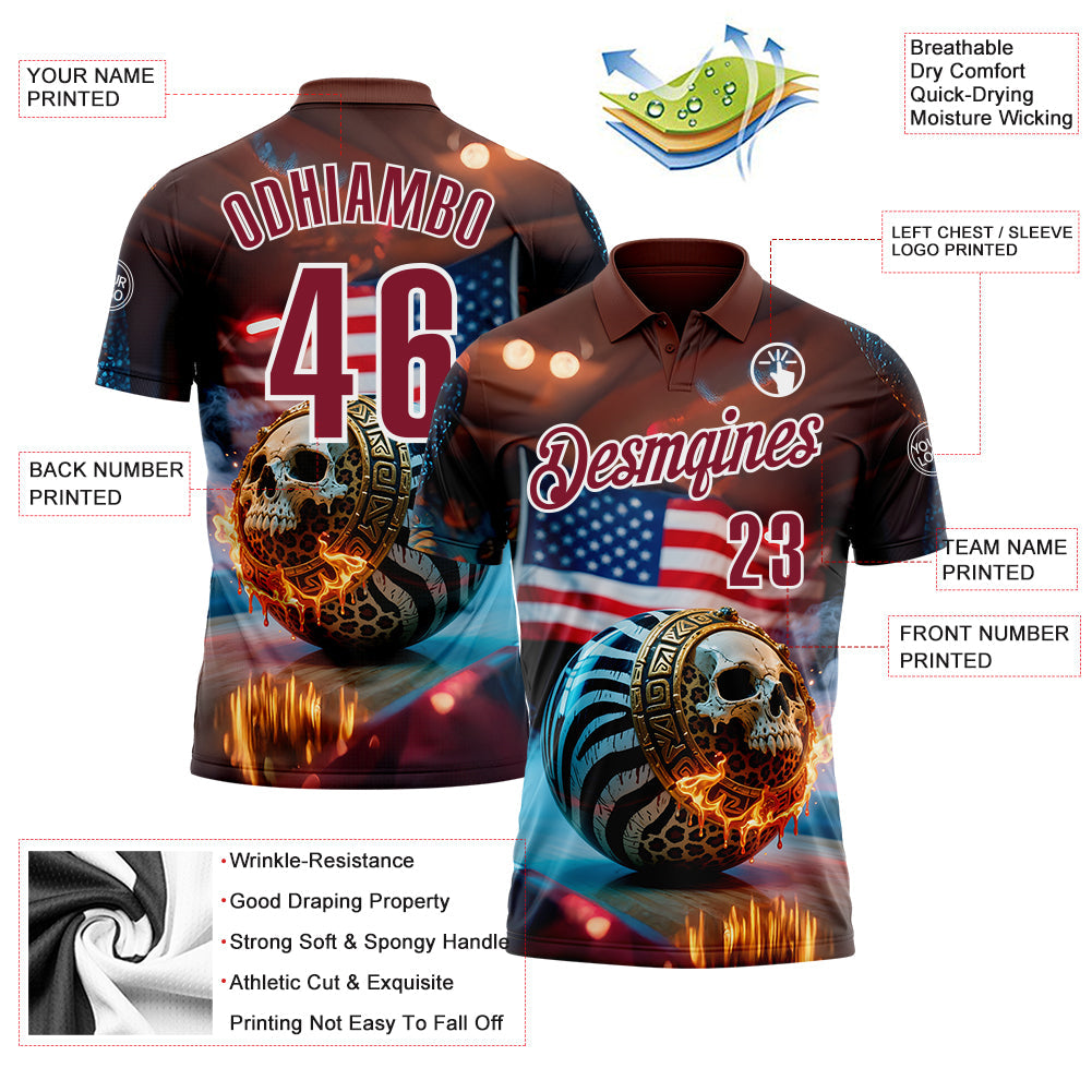 Custom Brown Crimson-White 3D American Flag Flame Skull Bowling Performance Polo Shirt