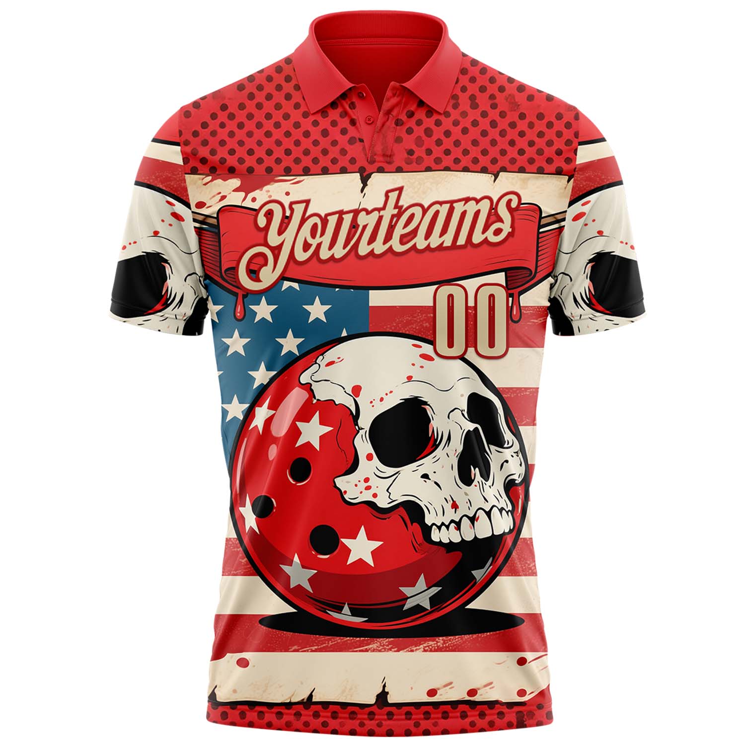 Custom Red Cream 3D Retro American Flag Skull Bowling Performance Polo Shirt