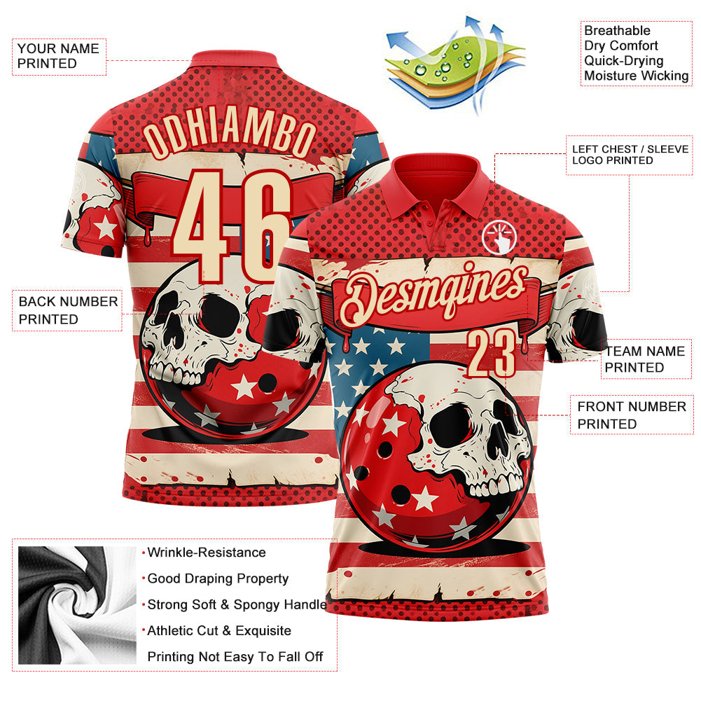 Custom Red Cream 3D Retro American Flag Skull Bowling Performance Polo Shirt