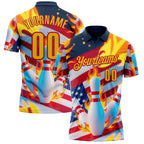 Custom Navy Gold-Red 3D American Flag Flame Bowling Performance Polo Shirt