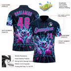 Custom Navy Deep Pink-Lakes Blue 3D American Flag Splash Lightning Skull Bowling Performance Polo Shirt