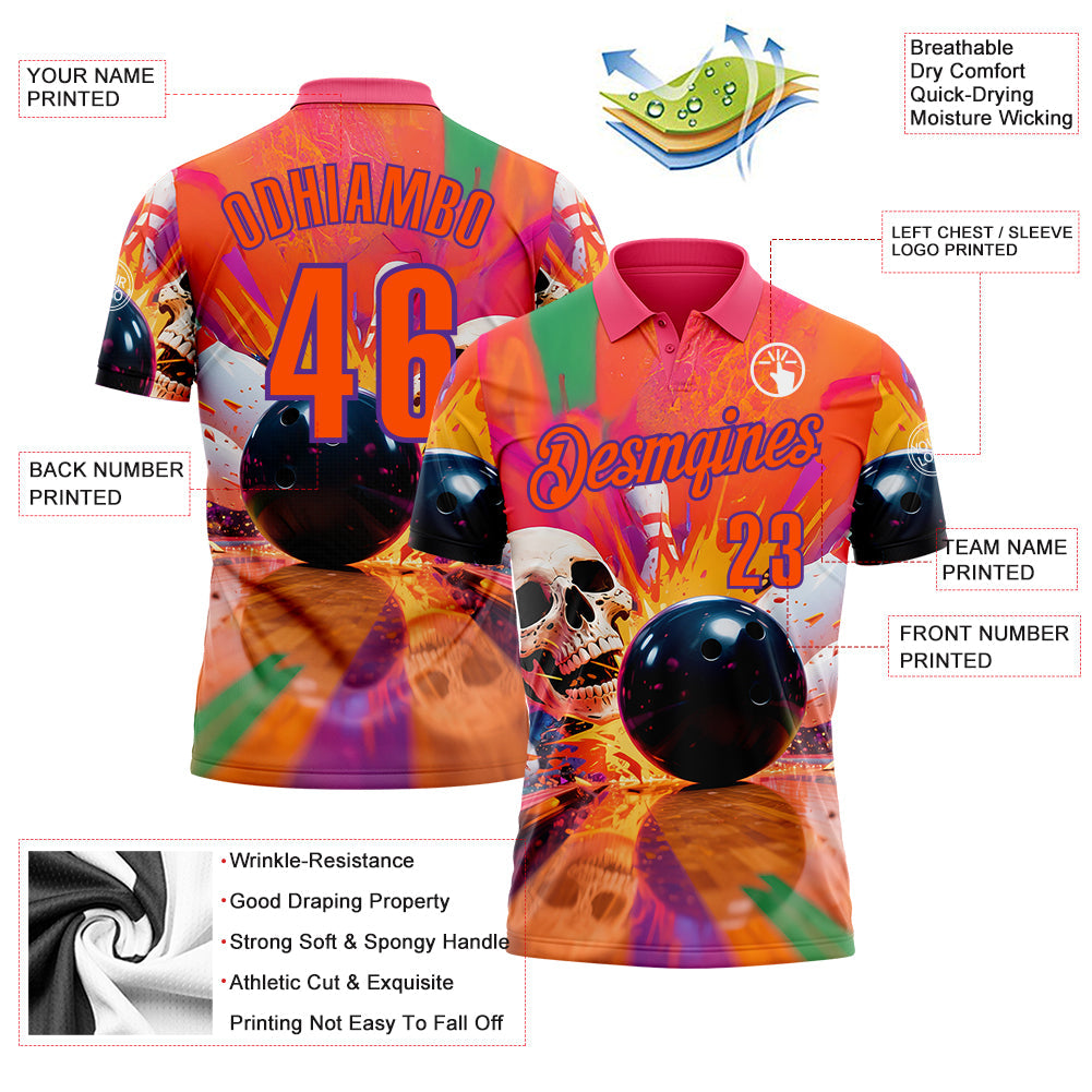 Custom Orange Purple 3D Splash Skull Bowling Performance Polo Shirt