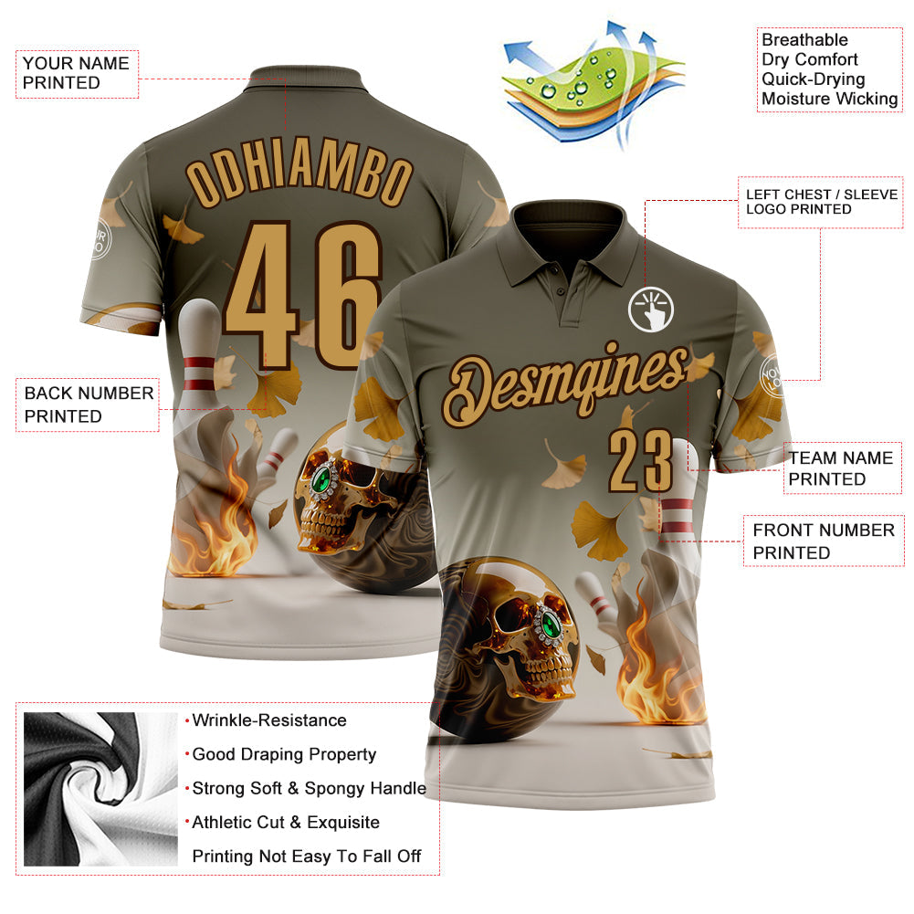 Custom Gray Old Gold-Brown 3D Flame Gem Skull Bowling Performance Polo Shirt