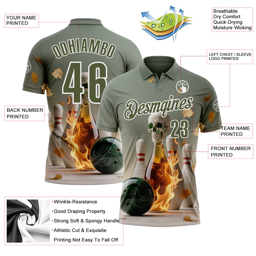 Custom Gray Olive-White 3D Flame Gem Skull Bowling Performance Polo Shirt