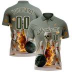 Custom Gray Olive-White 3D Flame Gem Skull Bowling Performance Polo Shirt