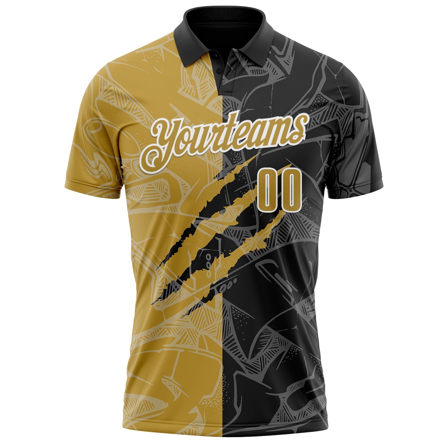 Custom Graffiti Pattern Old Gold Black-White 3D Scratch Performance Polo Shirt