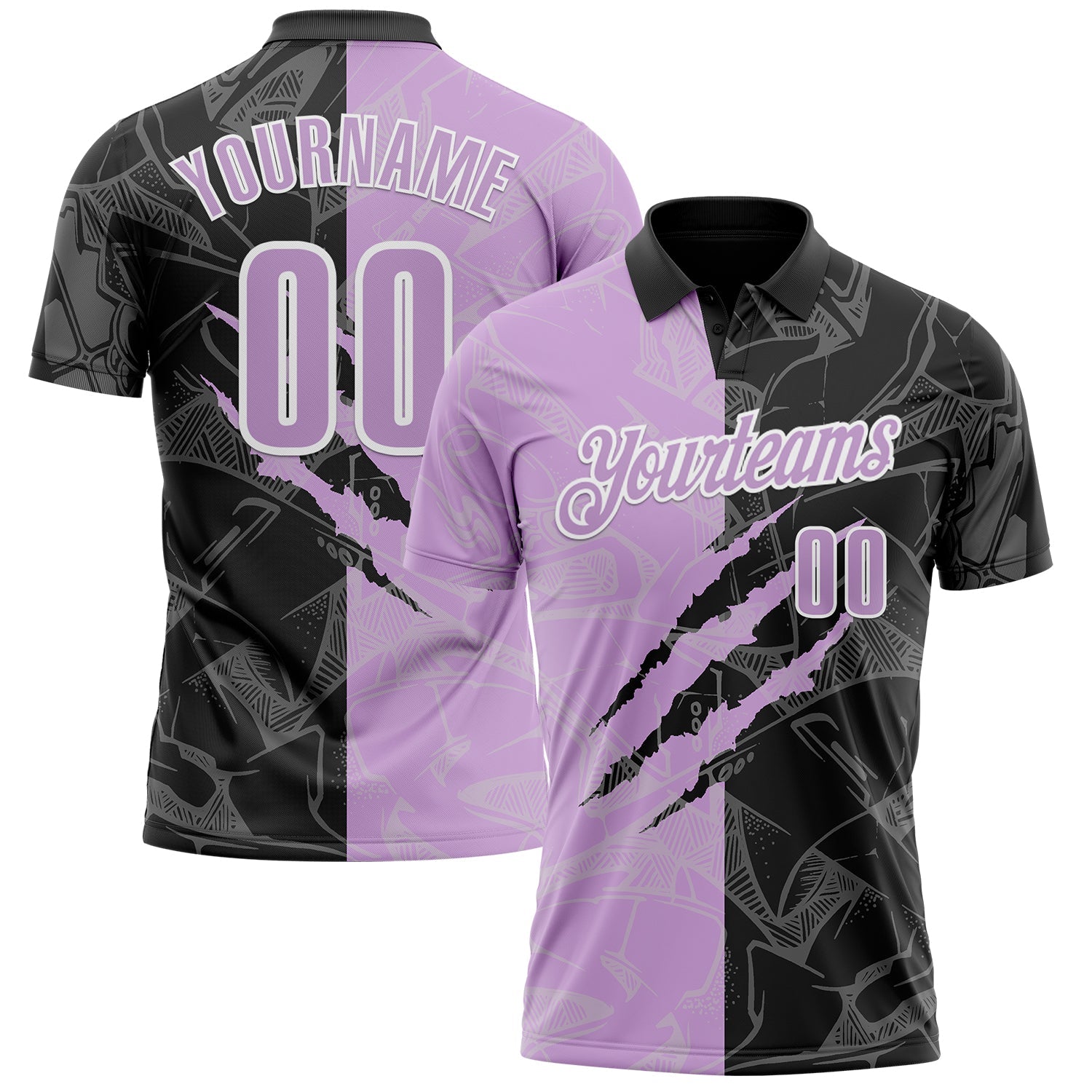 Custom Graffiti Pattern Light Purple Black-White 3D Scratch Performance Polo Shirt