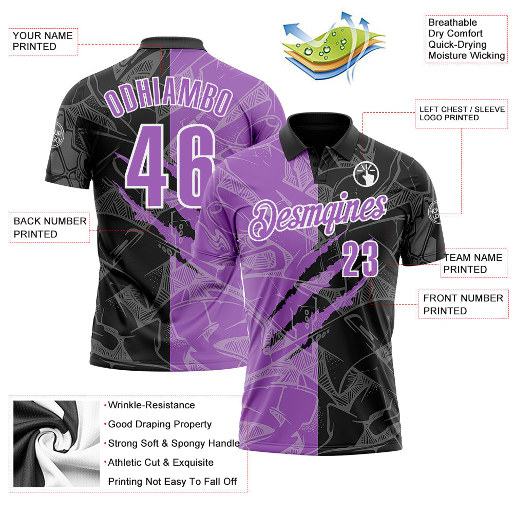 Custom Graffiti Pattern Medium Purple Black-White 3D Scratch Performance Polo Shirt