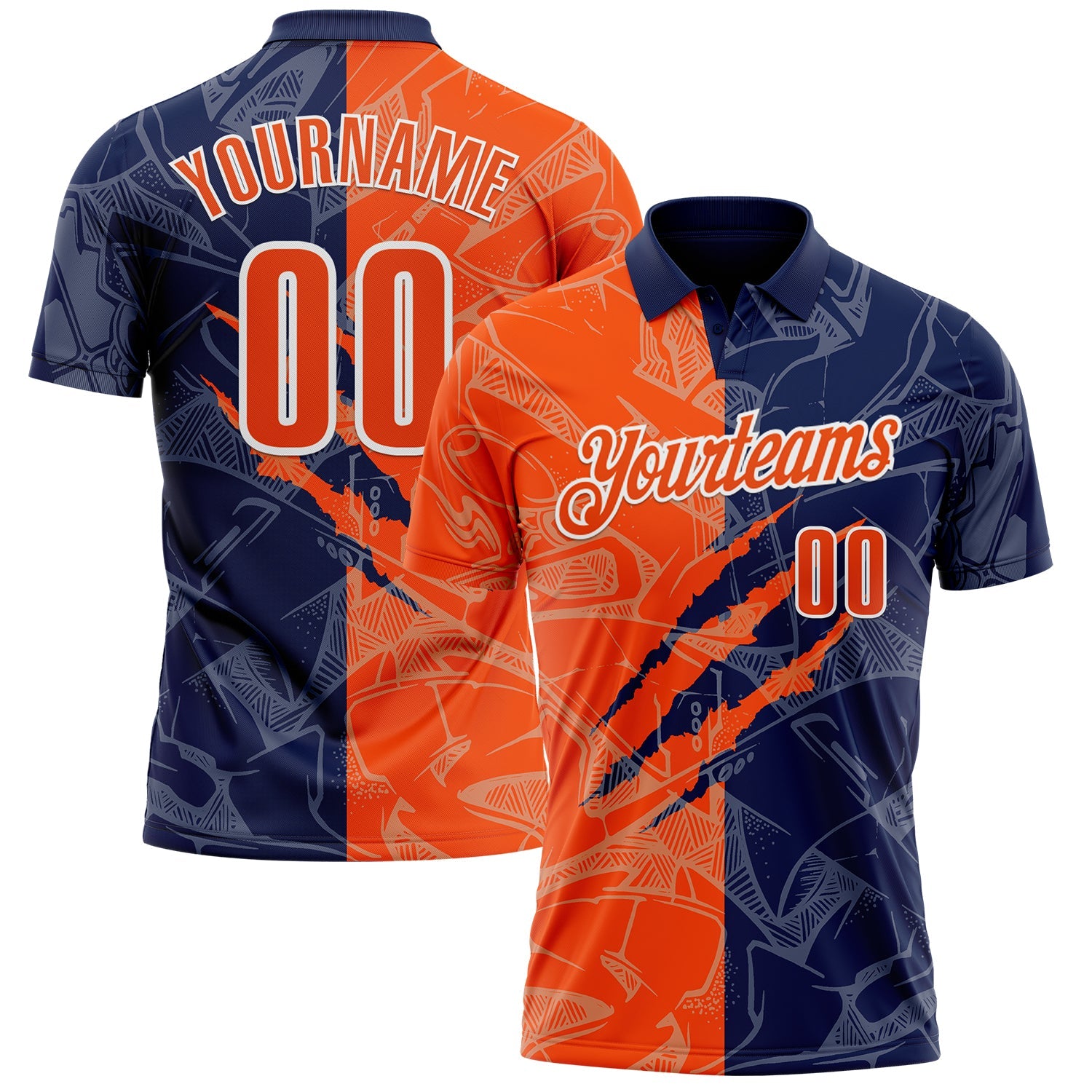 Custom Graffiti Pattern Orange Navy-White 3D Scratch Performance Polo Shirt