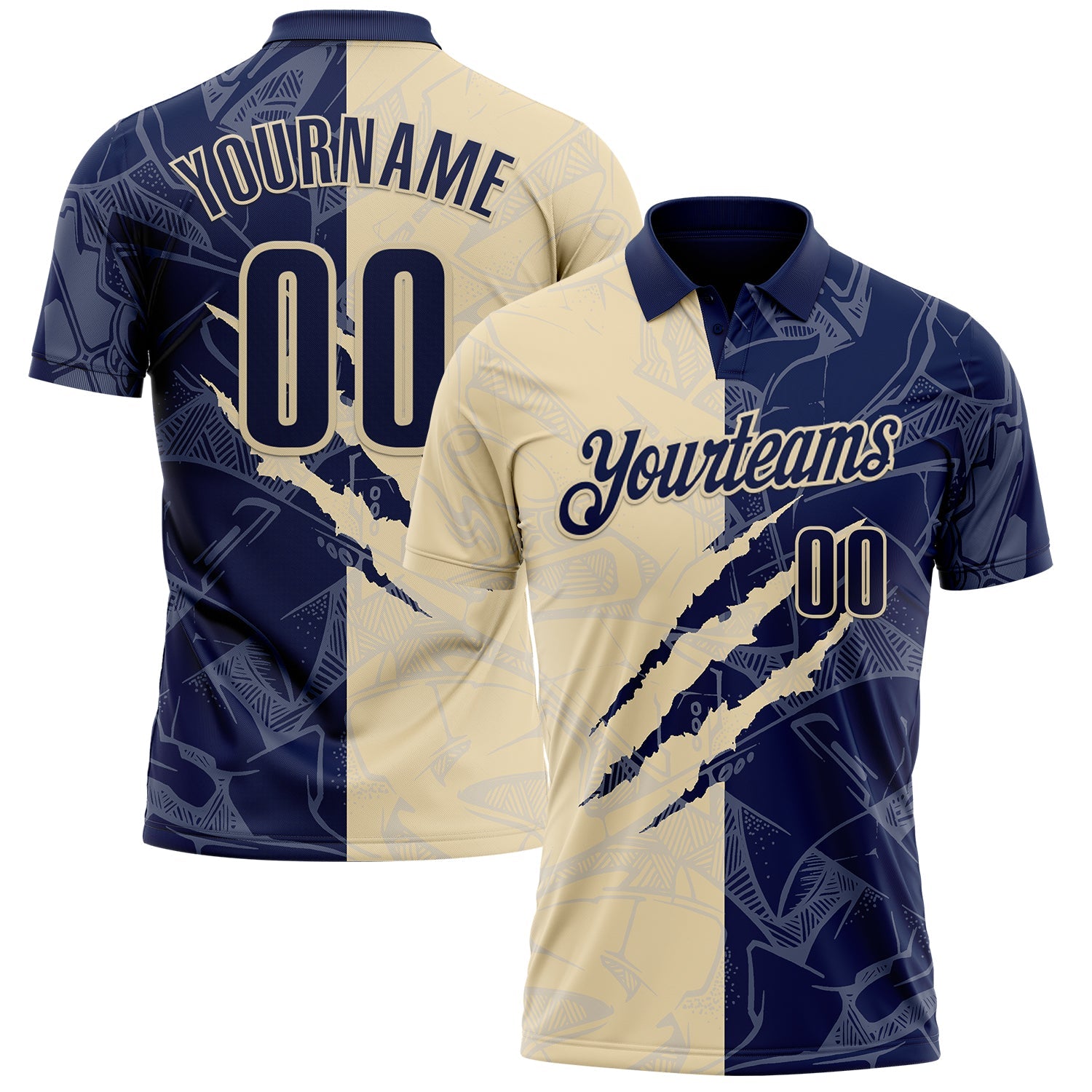 Custom Graffiti Pattern Navy-Cream 3D Scratch Performance Polo Shirt