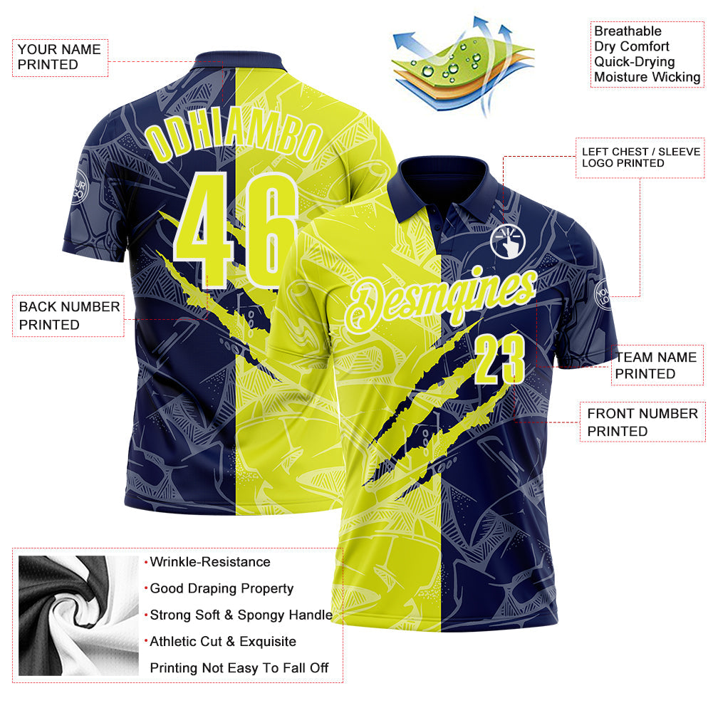 Custom Graffiti Pattern Neon Yellow Navy-White 3D Scratch Performance Polo Shirt