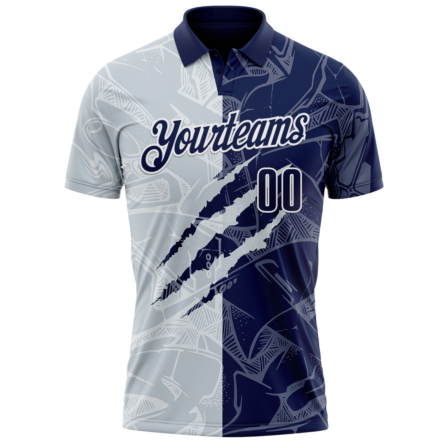 Custom Graffiti Pattern Navy Silver-White 3D Scratch Performance Polo Shirt