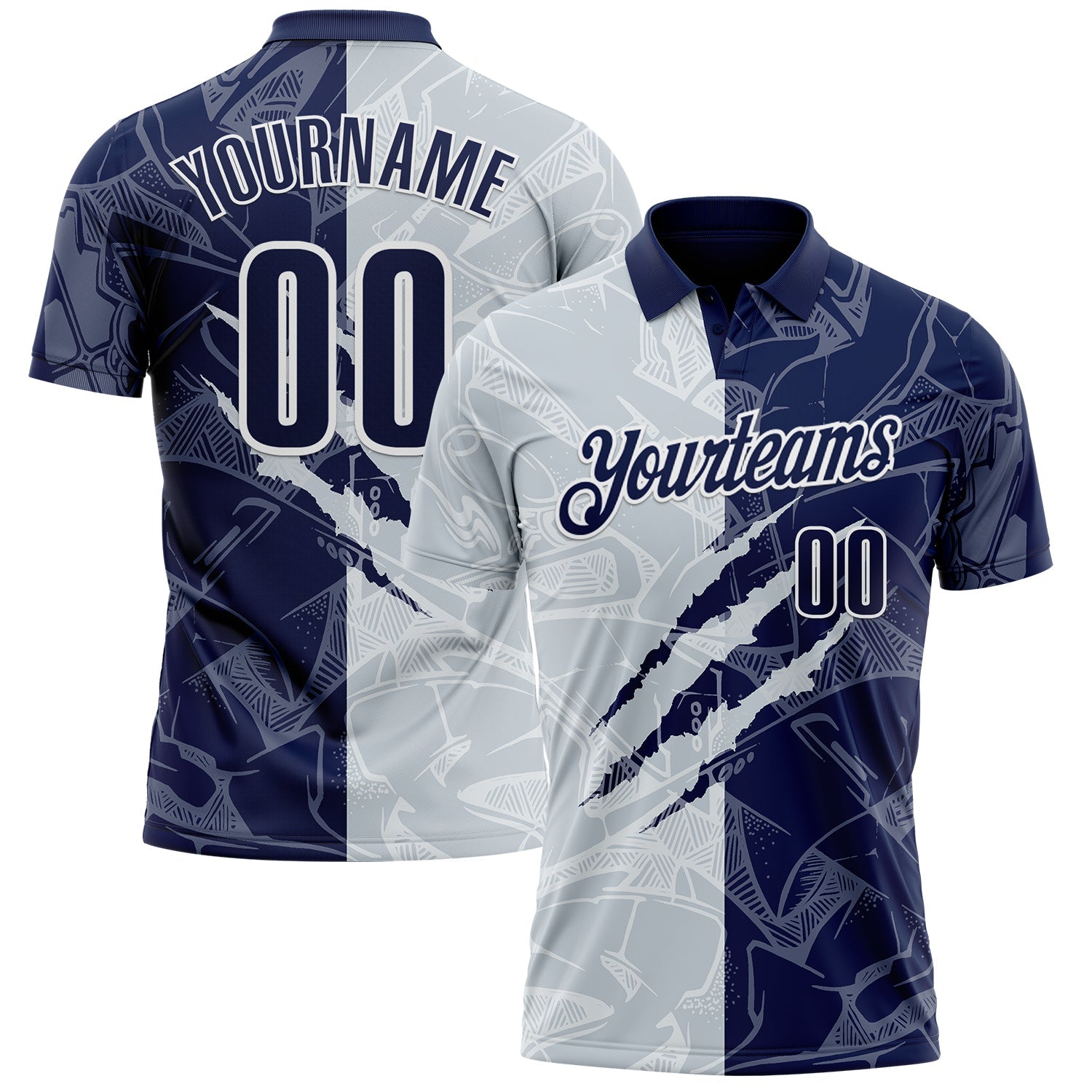 Custom Graffiti Pattern Navy Silver-White 3D Scratch Performance Polo Shirt