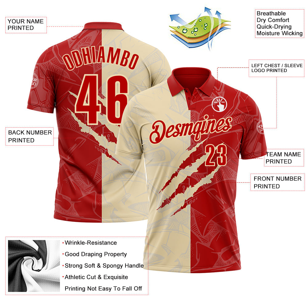 Custom Graffiti Pattern Red-Cream 3D Scratch Performance Polo Shirt