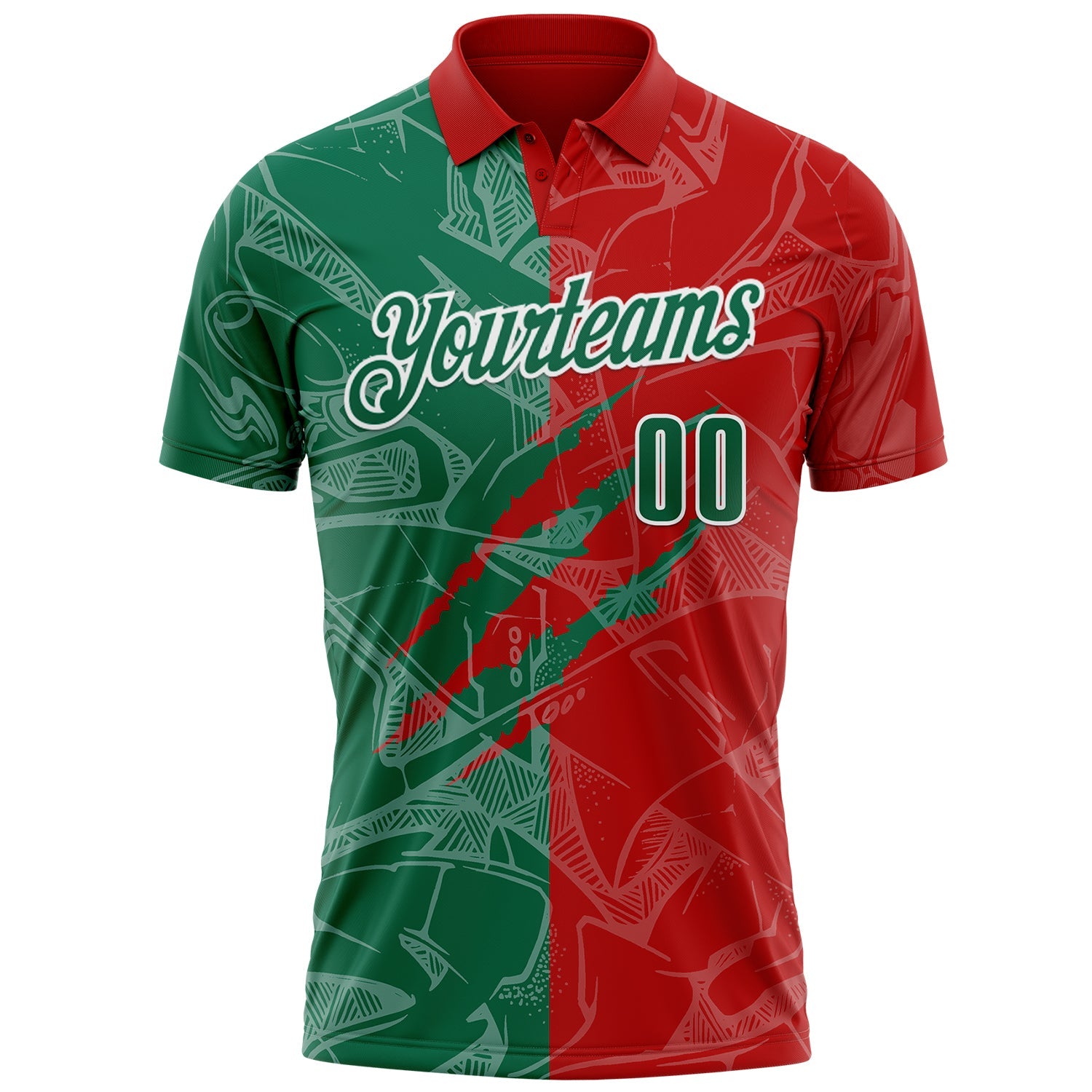 Custom Graffiti Pattern Kelly Green Red-White 3D Scratch Performance Polo Shirt