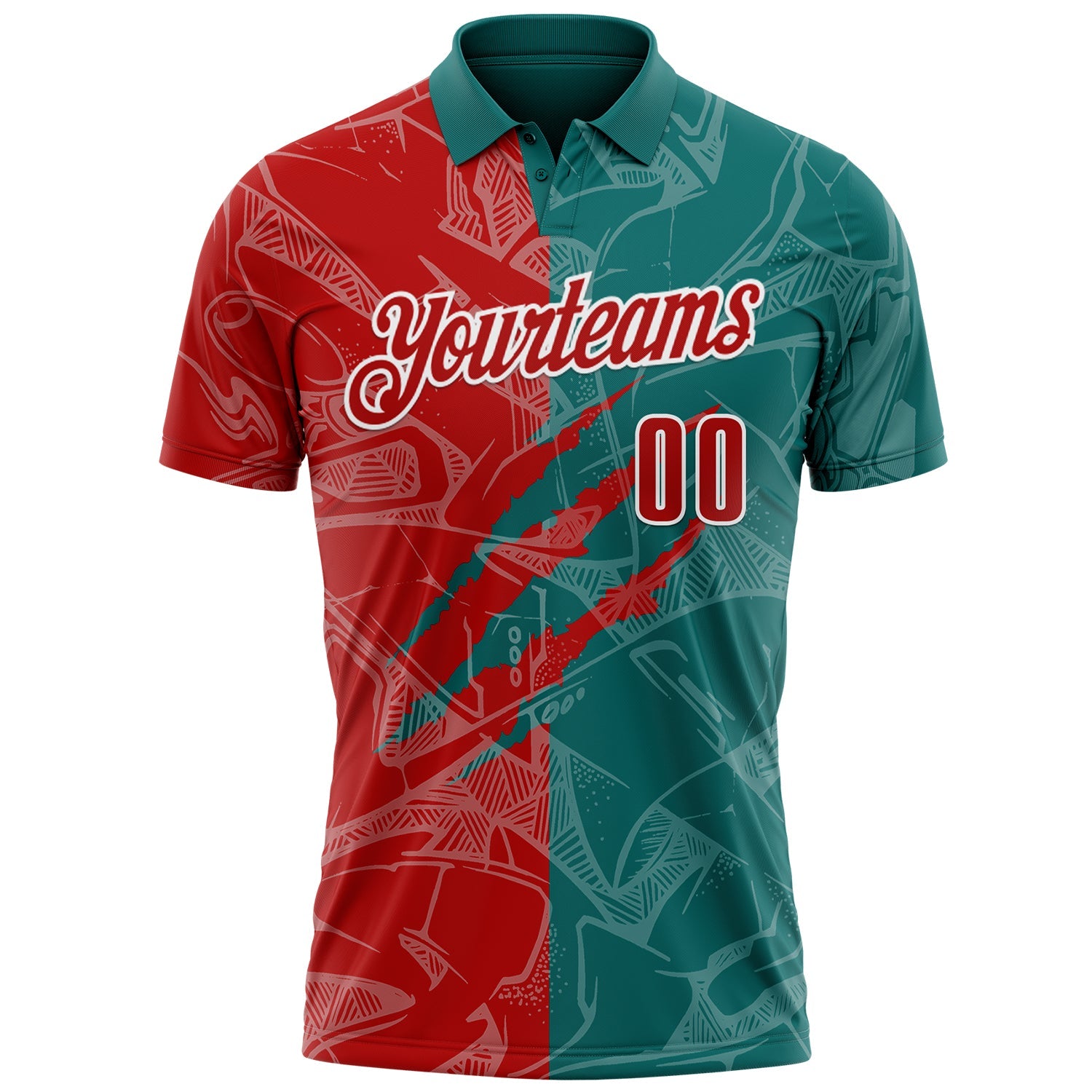 Custom Graffiti Pattern Red Teal-White 3D Scratch Performance Polo Shirt