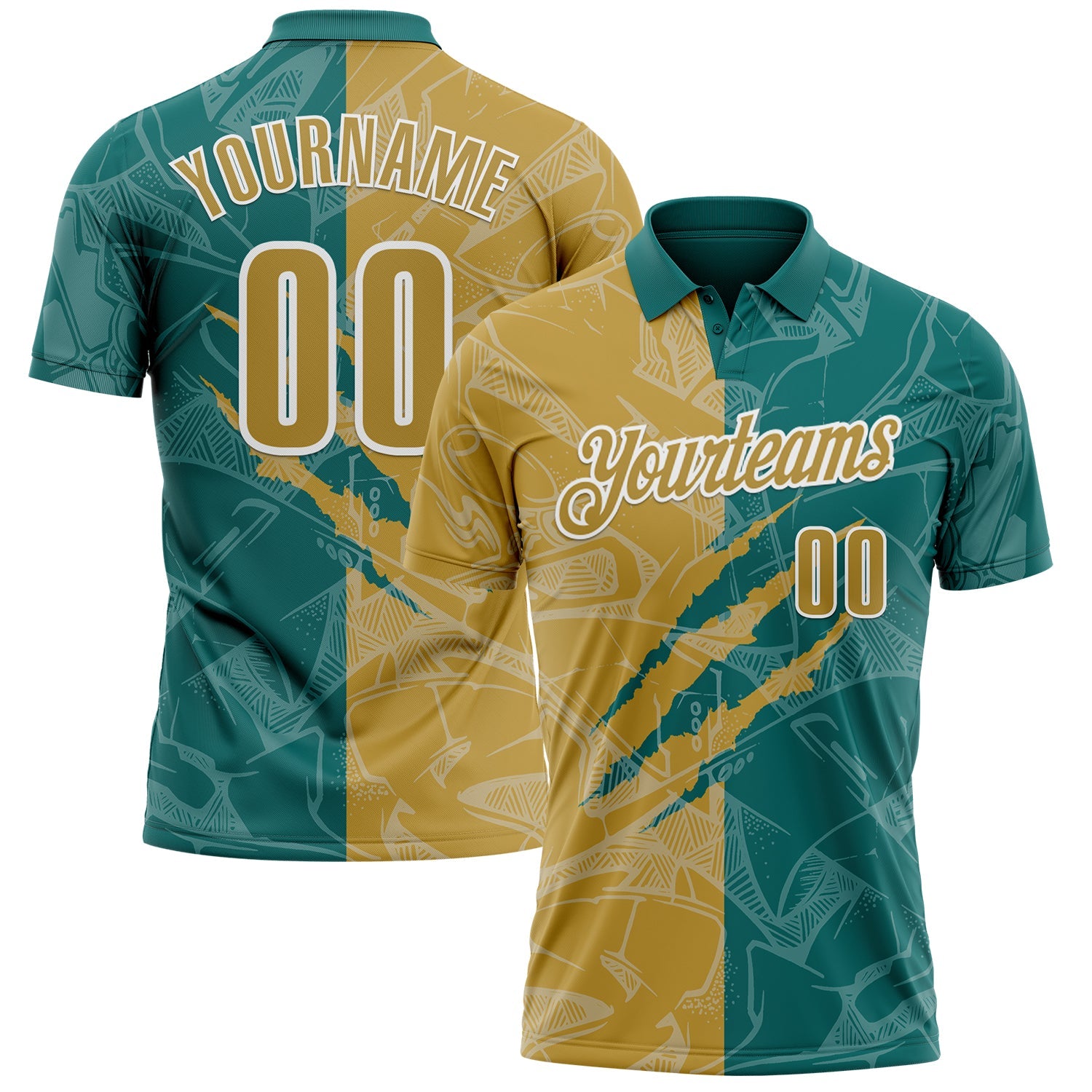 Custom Graffiti Pattern Old Gold Teal-White 3D Scratch Performance Polo Shirt