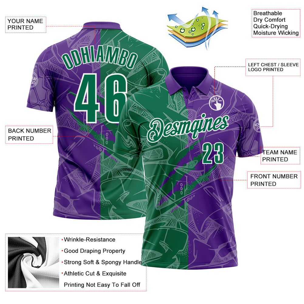 Custom Graffiti Pattern Kelly Green Purple-White 3D Scratch Performance Polo Shirt